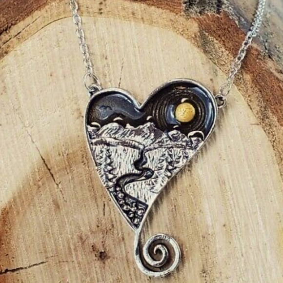 Intricately etched hand crafted Nature stream river sunset mountain Necklace…
